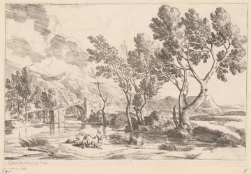 Flusslandschaft mit Brücke und Fischern