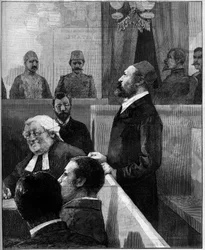 Prozess des ägyptischen Arabi Pascha (Orabi Pascha, Ahmed Urabi) (1841-1911), Organisator des antieuropäischen Aufstands von Alexandria im Juni 1882. Gravur von Vuillier in „Le Monde Illustré“ Nr. 1343 vom 13. Dezember 1882