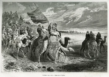 Der Berak, die Flagge von Emir Ibn Al Rashid (1872-1890) (Saudi-Arabien). Gravur von G. Vuillier, um die Geschichte „Pilgerfahrt nach Nedjed, Wiege der arabischen Rasse“ zu illustrieren, von Lady Anna Blunt, in 1878-1879, veröffentlicht in Le tour du monde