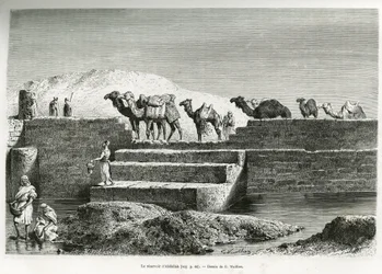 Das Reservoir von Abdallah (Saudi-Arabien). Gravur von G. Vuillier, zur Illustration der Geschichte „Pilgerfahrt nach Nedjed, Wiege der arabischen Rasse“, von Lady Anna Blunt, 1878-1879, veröffentlicht in Le tour du monde, unter der Leitung von Edouard Cha