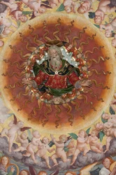 Detail der Himmelfahrt der seligen Jungfrau, bekannt als "Der Chor der musizierenden Engel", Kuppel des Querschiffs, aus 1534 (Fresko)
