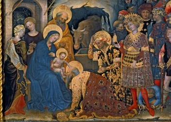Die Anbetung der Heiligen Drei Könige, Detail mit Maria und dem Kind sowie den drei Königen, 1423