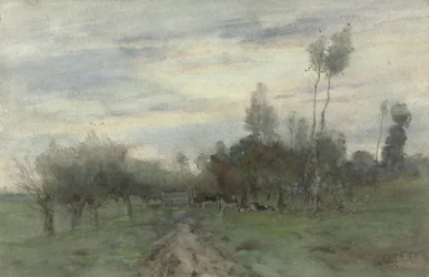 Landweg mit Kühen in der Dämmerung