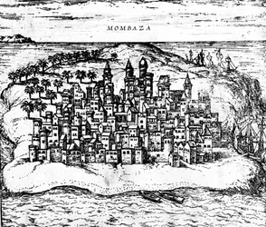 Ansicht von Mombasa, aus Georg Brauns Civitates orbis terrarum (Detail)