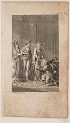 Illustration mit einem jungen Paar mit einem Orientalen und drei knienden türkischen Soldaten
