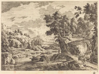 Landschaft mit Brücke und drei Bauernhäusern