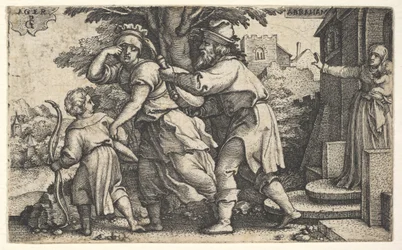 Abraham schickt Hagar und Ismael weg: Abraham hält ein Gefäß, während Hagar und Ismael... (ca. 1543)