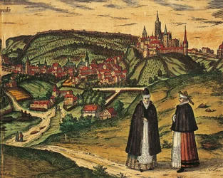 Tschechische Republik, Prag, Blick auf die Stadt mit der Zitadelle im Hintergrund, Farbgravur aus Civitates Orbis Terrarum von Georg Braun (1541-1622) und Franz Hogenberg (1535-1590)