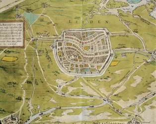 Niederlande, Karte der Stadt und Region Leiden aus Civitates Orbis Terrarum von Georg Braun und Franz Hogenberg, Köln, Kupferstich