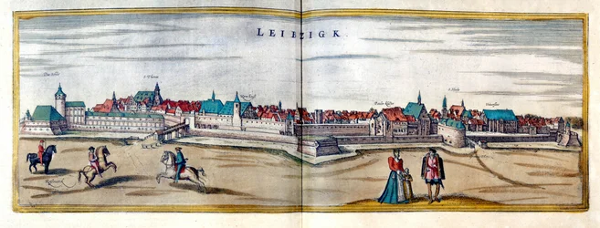 Ansicht der Stadt Leipzig in Deutschland. Gravur aus dem Atlas von „Braun und Hogenberg“ aus dem frühen 17. Jahrhundert