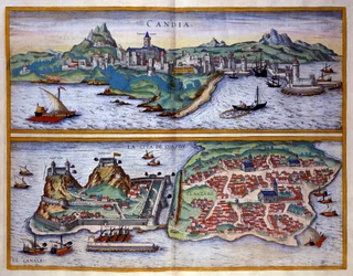 Ansicht des Hafens von Candia (heutiges Heraklion) auf Kreta und des Hafens von Korfu in Griechenland. Gravur von George Braun in „Civitatis Orbis Terrarum“ Band I, geschrieben von Franz Hogenberg