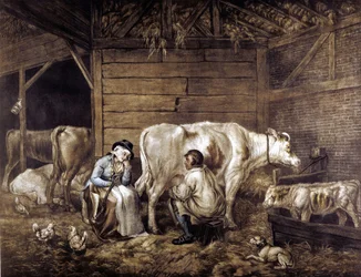 Der Kuhstall, Mezzotinto nach George Morland (1763-1804), englischer Künstler. Kuhmann melkt in Eimer. Milchmädchen wartet, hält Joch, auf dem Eimer getragen werden. Heuboden: Laterne: Hühner. Milchmädchen 