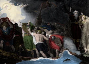 Prospero und Miranda, rechts, stehen auf der Insel, während die Seeleute Schiffbruch erleiden
