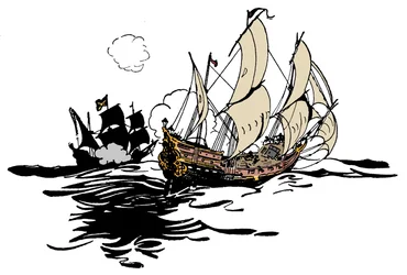 Piraten nähern sich einem Schiff Illustration aus „Das Buch der Jungen über Piraten und die großen Seeräuber“ von George Albert Williams (1875-1932) 1900