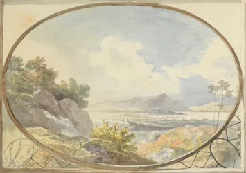 Landschaft in einem Oval (Berglandschaft durch ein ovales Fenster)