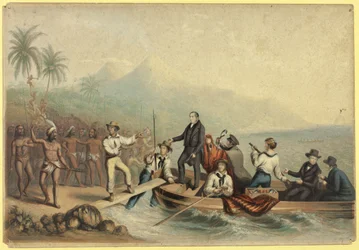 Der Empfang des Rev. J. Williams auf Tanna in den Südseeinseln, einen Tag vor seiner Ermordung