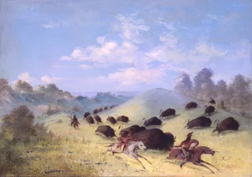 Comanche-Indianer jagen Büffel mit Lanzen und Bögen, 1846-1848.