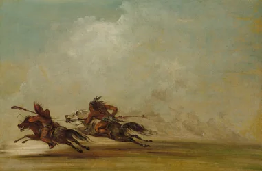Comanche-Krieger lanziert einen Osage im vollen Galopp