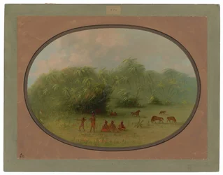 Indianer und Pferde im Wald