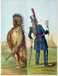 Indianer Amerikas: Assiniboin-Indianer in Militärkleidung mit zwei Flaschen Whisky in seinen Taschen. Illustration von George Catlin (1794-1872)