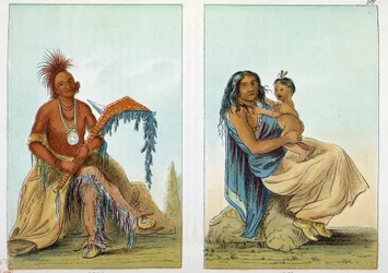 Indianer Amerikas: Porträt eines Anführers der Osage namens Clermont mit seiner Frau und seinem Sohn. Illustration von George Catlin (1794-1872)