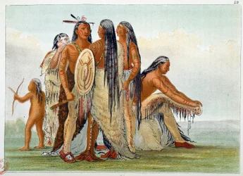 Indianer Amerikas. Die Mandan: Häuptling San Ja Ka Ko Kah mit seiner Familie. Gravur von George Catlin