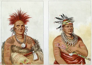Indianer Amerikas: der Pferdehäuptling des Stammes der Großen Pawnees (oder Paneassa, Pari, Pariki) (Nr. 138) zweiter Häuptling plus Alter (Nr. 139) - Der zweite trägt eine Halskette aus Bärenkrallen - Illustration von George Catlin (1794-1872)