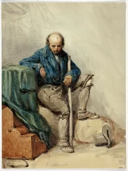 Kahlköpfiger Mann auf Habseligkeiten sitzend (recto); Dame in einem gelben Kleid (verso)