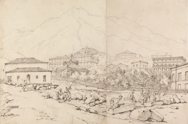 Gebäude an einem Berghang in einem bergigen Dorf (China?)
