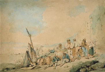 Küstenszene mit Figuren in der Nähe einer Mauer