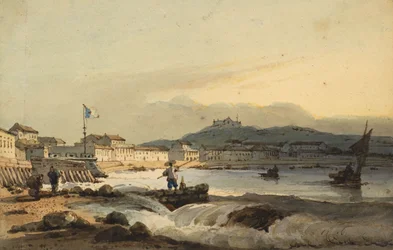 Die Praya Grande, Macao, vom Süden, mit St. Peters Fort links, 1830-1845