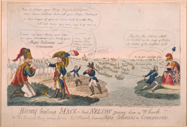 Boney schlägt Mack - und Nelson gibt ihm einen Schlag!, 1805 (farbige Radierung)