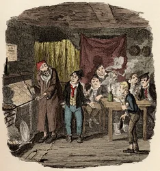 In London stellt Jack Dawkins, genannt der Fuchs, Oliver Fagin und seinem Team von Gaunern vor - Illustration für „Oliver Twist“ von Charles Dickens (1812-1870)
