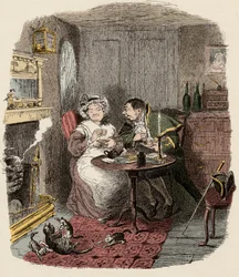 Monsieur Bumble und Madame Corney beim Tee - Illustration für „Oliver Twist“ von Charles Dickens, von George Cruikshank