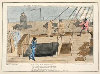Mr. B auf der Mittelwache - kalt weht der Wind und der Regen setzt ein, aus Der Fortschritt eines Seekadetten, veröffentlicht 1835