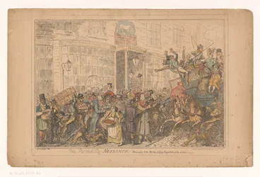 Verkehrschaos vor dem Hotel Old White Horse Cellar in Piccadilly The Piccadilly Nuisance! Dedicated to the worthy, acting magistrates of the district (Titel auf Objekt)