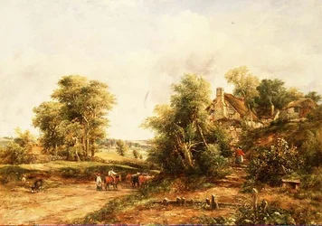 Sommerlandschaft am Abend mit Viehtreibern und Rindern