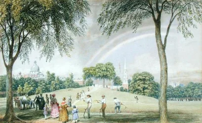 Nachmittagsregenbogen - Boston Common vom Charles Street Mall, Boston, Massachusetts, ca. 1830-40
