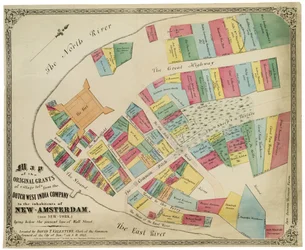 Karte der ursprünglichen Zuteilungen von Dorflosen durch die Niederländische Westindien-Kompanie an die Bewohner von Neu-Amsterdam (heute New York) unterhalb der heutigen Wall Street, 1857