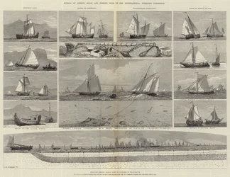Modelle von Fischerbooten und Fischereigeräten in der Internationalen Fischereiausstellung