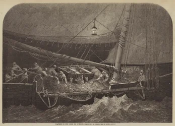 Schleppnetzfischen in der Nordsee bei Nacht