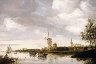 Flusslandschaft mit Lastkähnen und Segelbooten und einer Kirche im Hintergrund