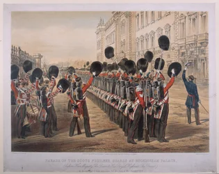 Parade der Scots Fusilier Guards am Buckingham Palace am Morgen ihrer Abreise zum Kriegsschauplatz, 2. März 1854, graviert von E. Walker, veröffentlicht von Colnaghi und Co., 1854