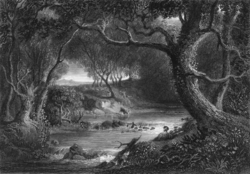 Landschaft mit Jacques und verwundetem Hirsch