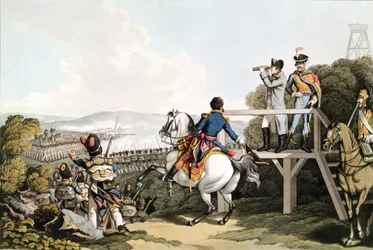 Bonaparte (1769-1821) kurz vor seiner Flucht, Betrachtung des Angriffs seiner kaiserlichen Garde, Waterloo, 18. Juni 1815, graviert von Matthew Dubourg (fl. 1813-20)
