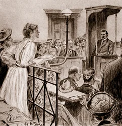 Miss Christabel Pankhurst befragt Mr. Herbert Gladstone, 1909 (Zeichnung)