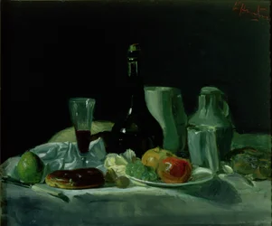 Stillleben - Flasche und Obst