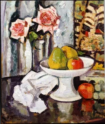 Stillleben mit Obstschale und einer Vase mit rosa Rosen