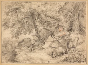 Hirtenjunge mit Lämmern im Wald