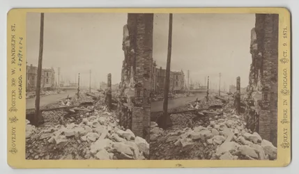 Stereograph der Washington Street von der Ecke LaSalle Street nach Osten nach dem Chicago-Feuer von 1871, 1871
